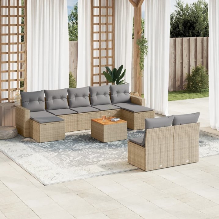 vidaXL 10-tlg. Garten-Sofagarnitur mit Kissen Schwarz Poly Rattan