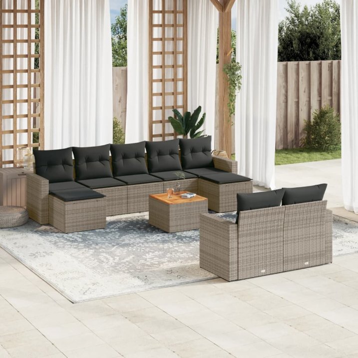 vidaXL 10-tlg. Garten-Sofagarnitur mit Kissen Schwarz Poly Rattan