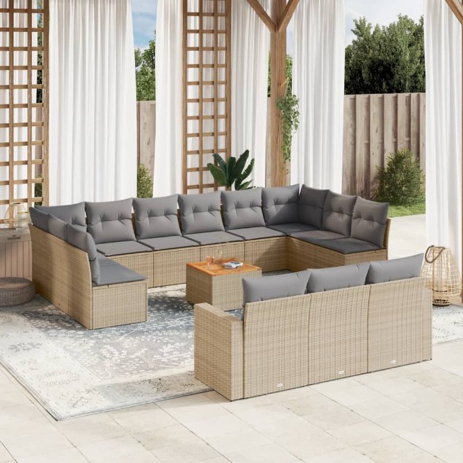 vidaXL 14-tlg. Garten-Sofagarnitur mit Kissen Schwarz Poly Rattan