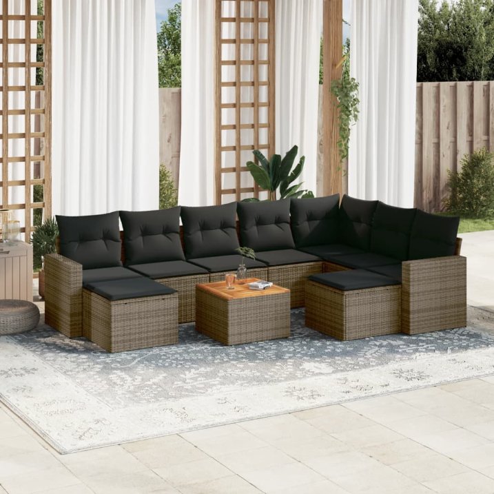 vidaXL 10-tlg. Garten-Sofagarnitur mit Kissen Schwarz Poly Rattan