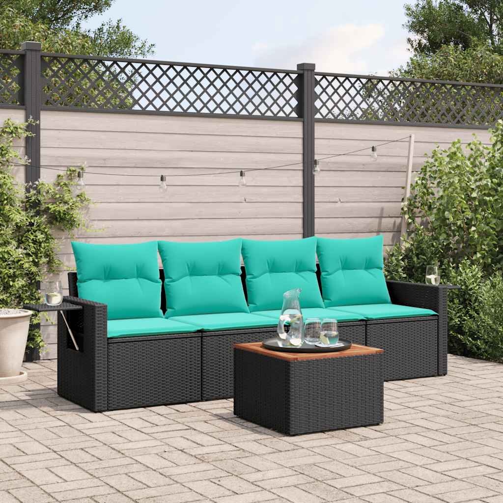 vidaXL 5-teiliges Gartensofa-Set mit Kissen, schwarzes Polyrattan