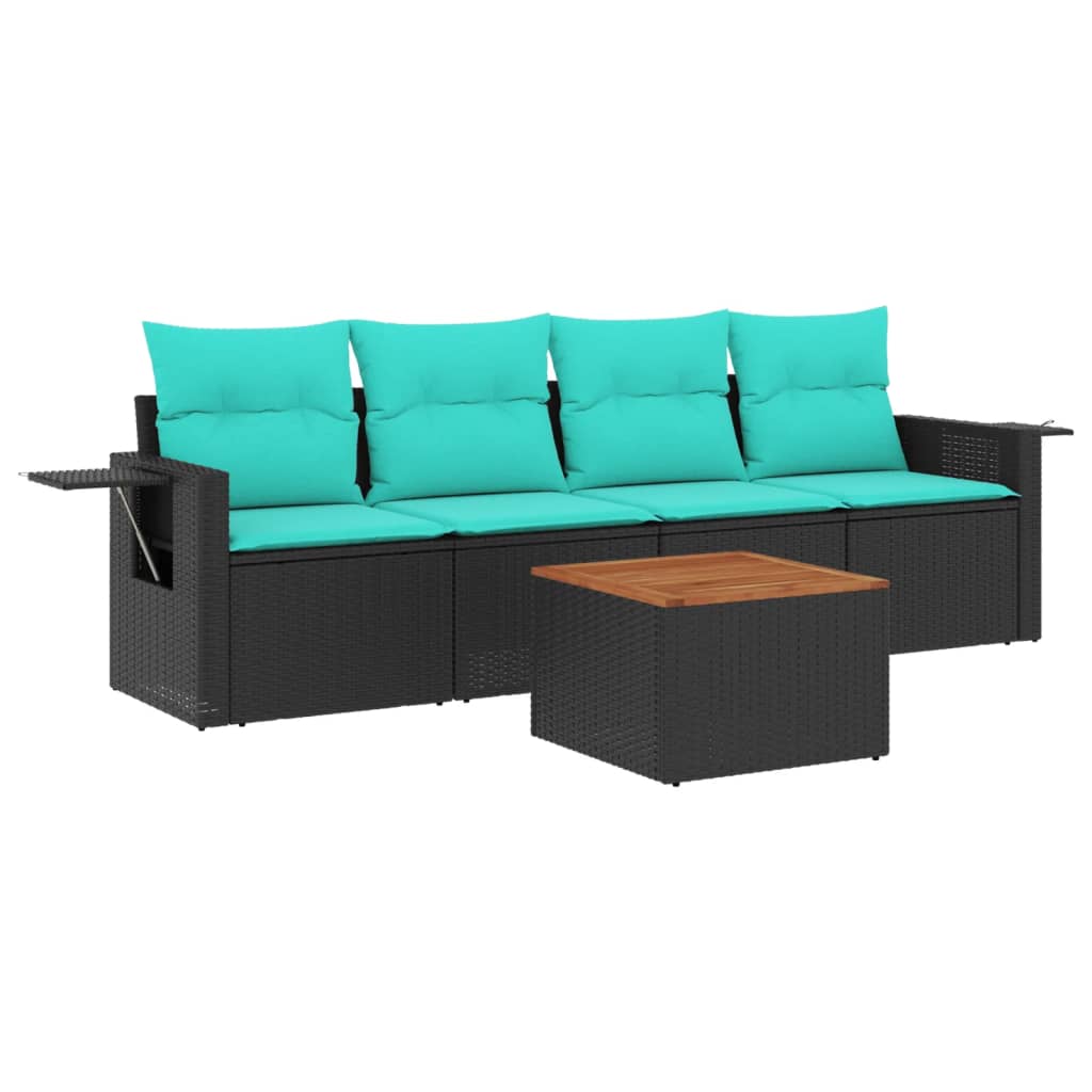 vidaXL 5-teiliges Gartensofa-Set mit Kissen, schwarzes Polyrattan