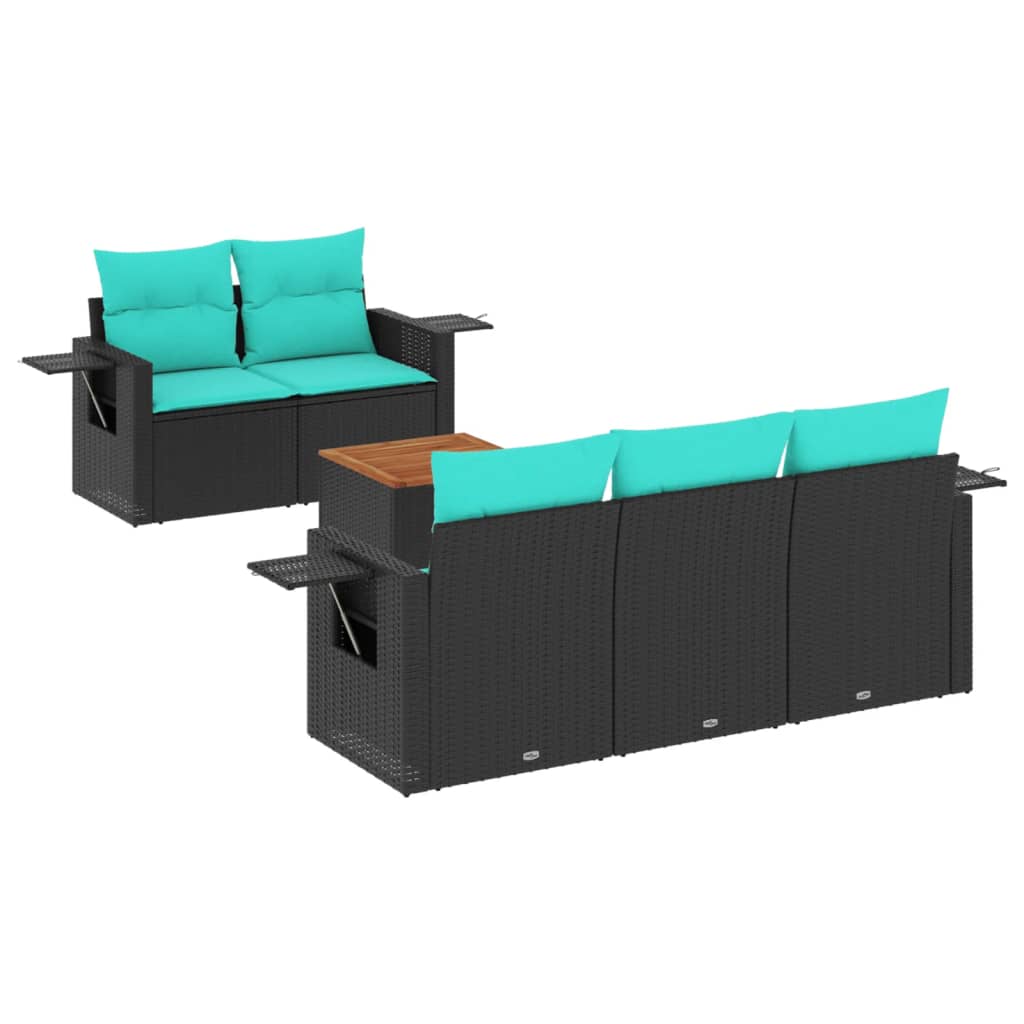 vidaXL 6-teiliges Gartensofa-Set mit Kissen, schwarzes Polyrattan