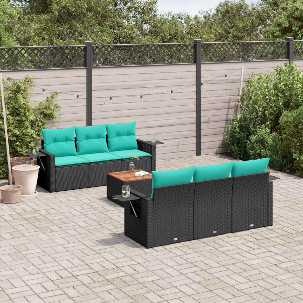 vidaXL 7-teiliges Gartensofa-Set mit Kissen, schwarzes Polyrattan