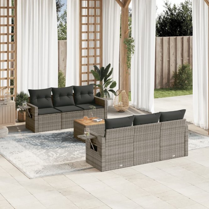 vidaXL 7-tlg. Garten-Sofagarnitur mit Kissen Schwarz Poly Rattan