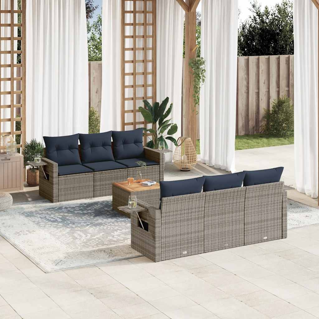vidaXL 7-teiliges Gartensofa-Set mit Kissen, schwarzes Polyrattan
