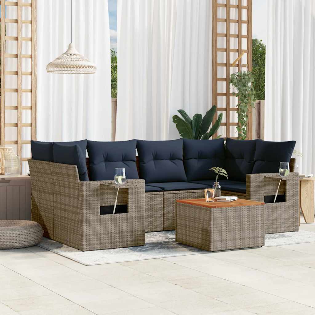 vidaXL 7-teiliges Gartensofa-Set mit Kissen, schwarzes Polyrattan