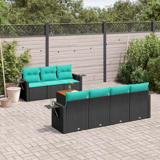 vidaXL 8-teiliges Gartensofa-Set mit Kissen, schwarzes Polyrattan