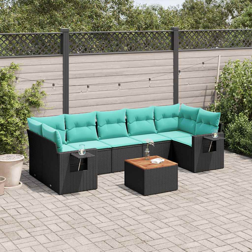 vidaXL 8-teiliges Gartensofa-Set mit Kissen, schwarzes Polyrattan