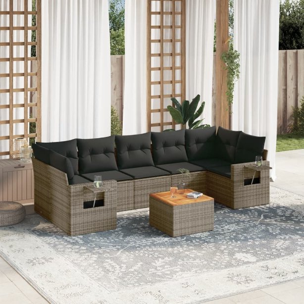 vidaXL 8-tlg. Garten-Sofagarnitur mit Kissen Schwarz Poly Rattan