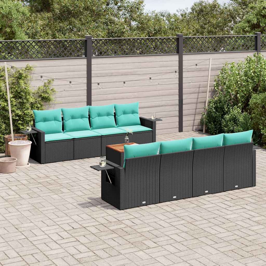 vidaXL 9-teiliges Gartensofa-Set mit Kissen, schwarzes Polyrattan