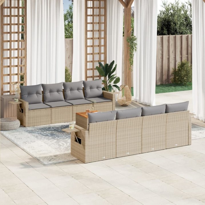 vidaXL 9-tlg. Garten-Sofagarnitur mit Kissen Schwarz Poly Rattan