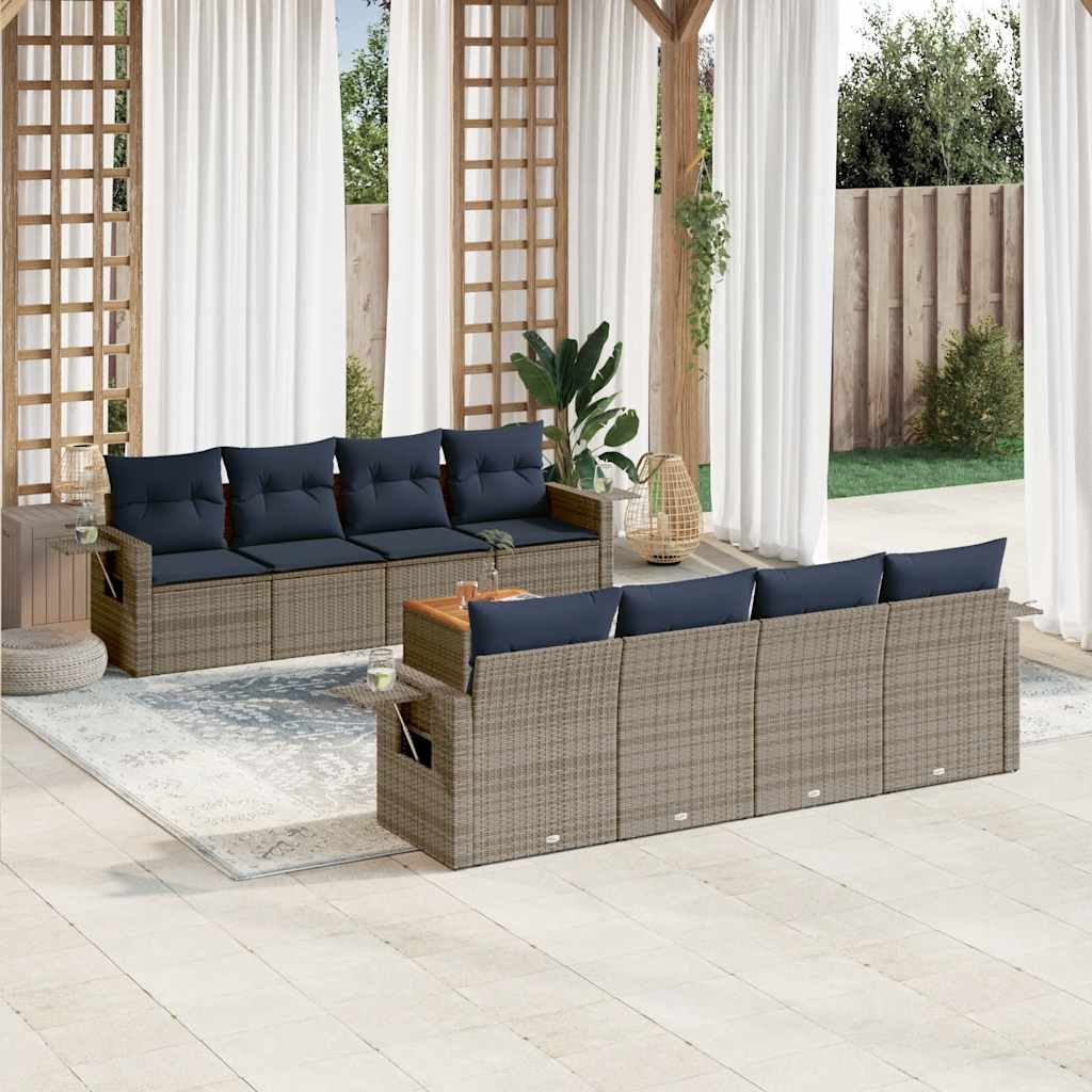 vidaXL 9-teiliges Gartensofa-Set mit Kissen, schwarzes Polyrattan