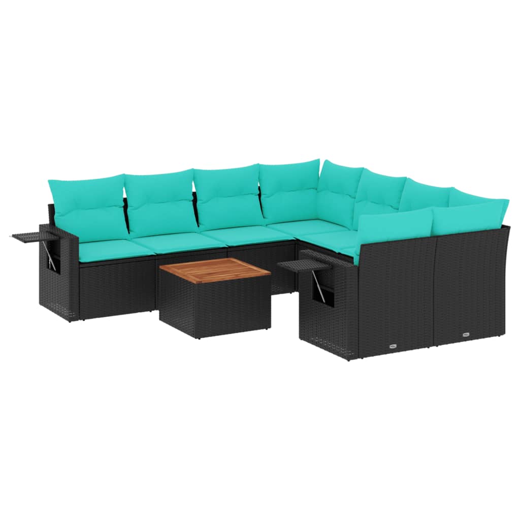 vidaXL 9-teiliges Gartensofa-Set mit Kissen, schwarzes Polyrattan