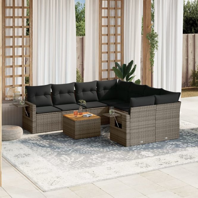 vidaXL 9-tlg. Garten-Sofagarnitur mit Kissen Schwarz Poly Rattan