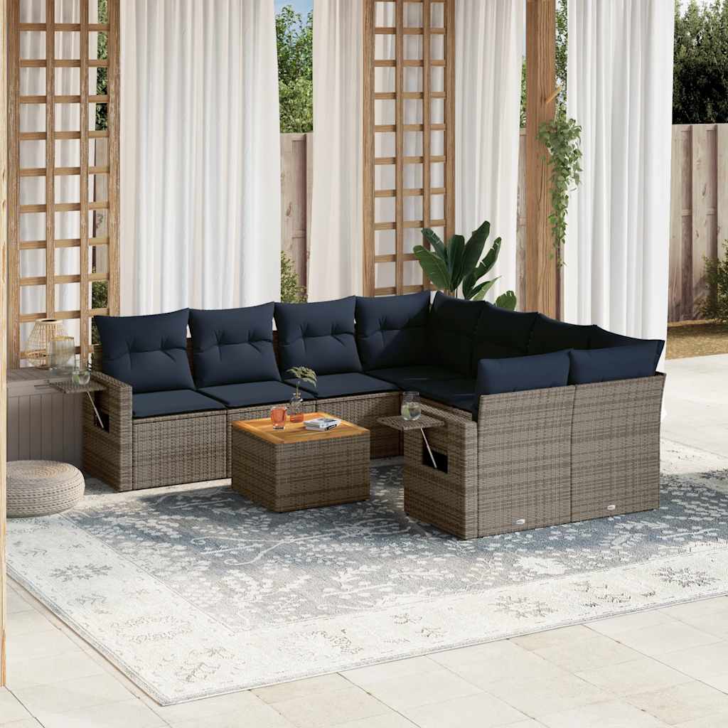 vidaXL 9-teiliges Gartensofa-Set mit Kissen, schwarzes Polyrattan