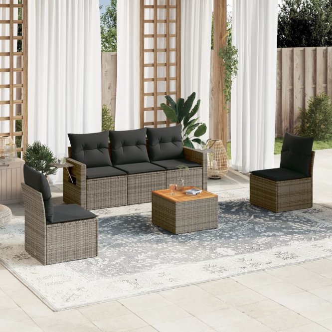 vidaXL 6-tlg. Garten-Sofagarnitur mit Kissen Schwarz Poly Rattan