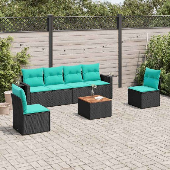 vidaXL 7-teiliges Gartensofa-Set mit Kissen, schwarzes Polyrattan