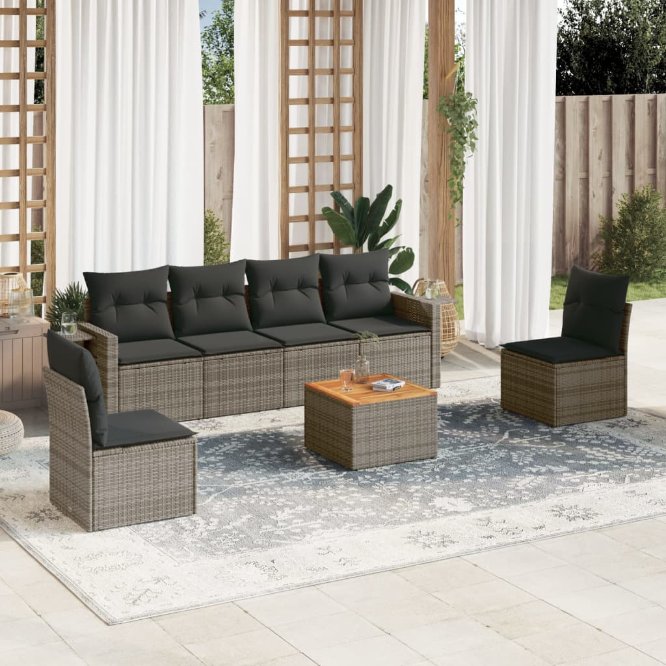 vidaXL 7-tlg. Garten-Sofagarnitur mit Kissen Schwarz Poly Rattan