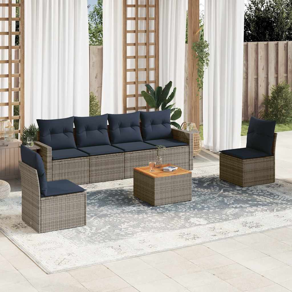 vidaXL 7-teiliges Gartensofa-Set mit Kissen, schwarzes Polyrattan
