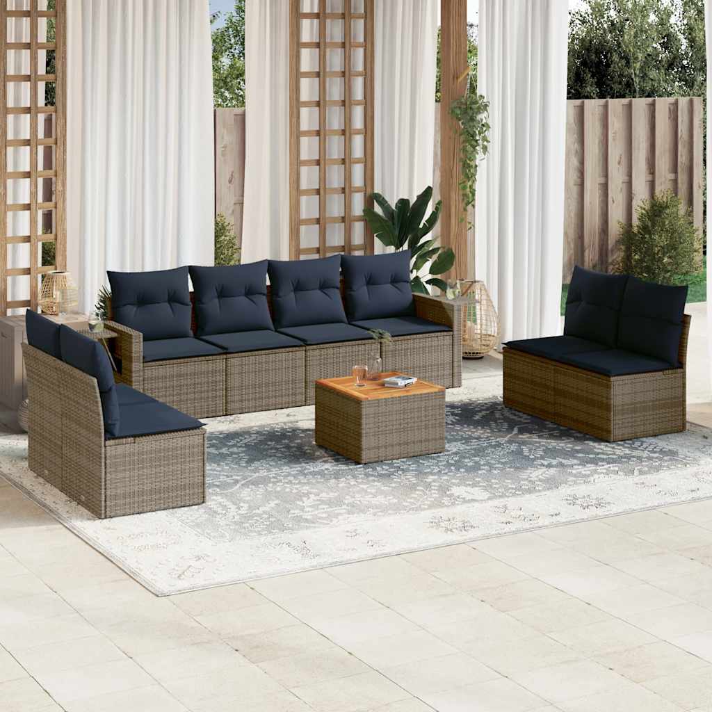 vidaXL 9-teiliges Gartensofa-Set mit Kissen, schwarzes Polyrattan