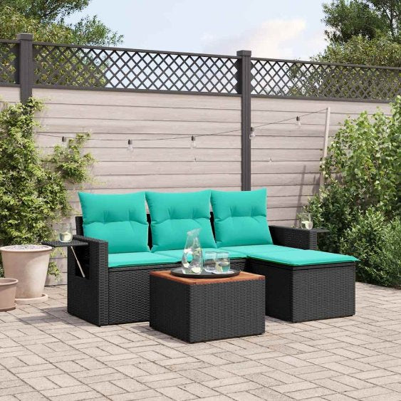 vidaXL 5-teiliges Gartensofa-Set mit Kissen, schwarzes Polyrattan