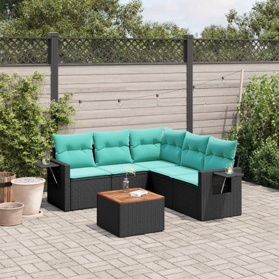 vidaXL 6-teiliges Gartensofa-Set mit Kissen, schwarzes Polyrattan