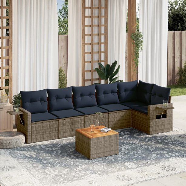 vidaXL 7-teiliges Gartensofa-Set mit Kissen, schwarzes Polyrattan