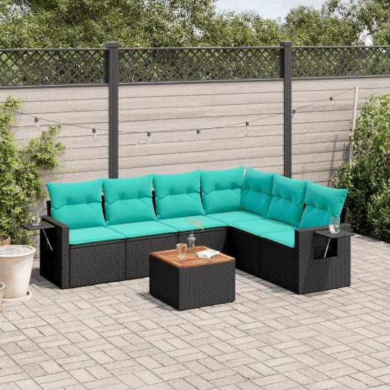 vidaXL 7-teiliges Gartensofa-Set mit Kissen, schwarzes Polyrattan