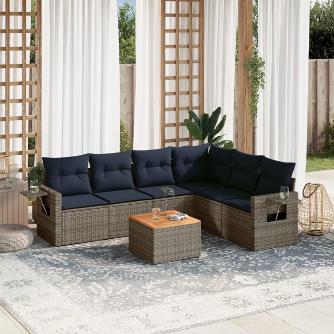 vidaXL 7-teiliges Gartensofa-Set mit Kissen, schwarzes Polyrattan