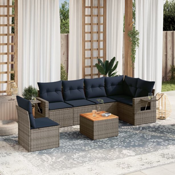 vidaXL 7-teiliges Gartensofa-Set mit Kissen, schwarzes Polyrattan