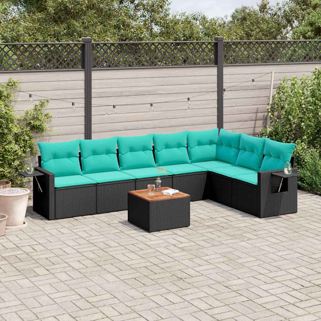 vidaXL 8-teiliges Gartensofa-Set mit Kissen, schwarzes Polyrattan