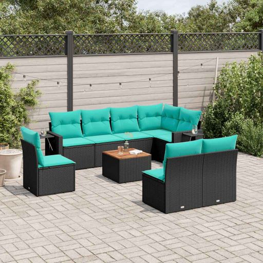 vidaXL 9-teiliges Gartensofa-Set mit Kissen, schwarzes Polyrattan