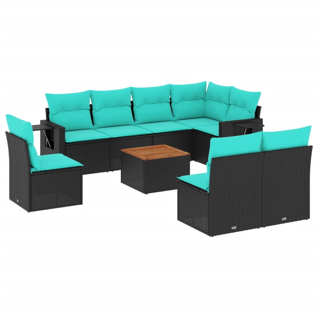 vidaXL 9-teiliges Gartensofa-Set mit Kissen, schwarzes Polyrattan