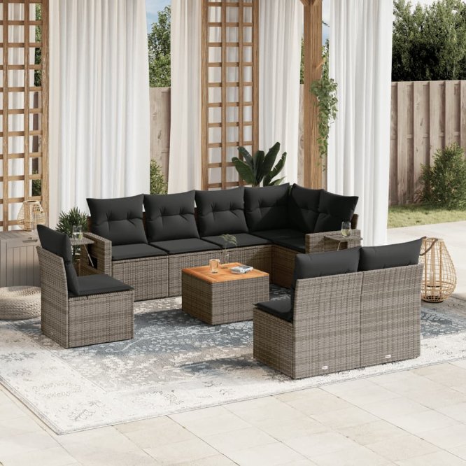 vidaXL 9-tlg. Garten-Sofagarnitur mit Kissen Schwarz Poly Rattan