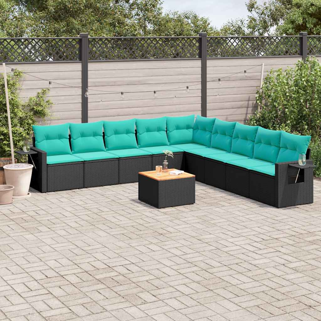 vidaXL 10-teiliges Gartensofa-Set mit Kissen, schwarzes Polyrattan