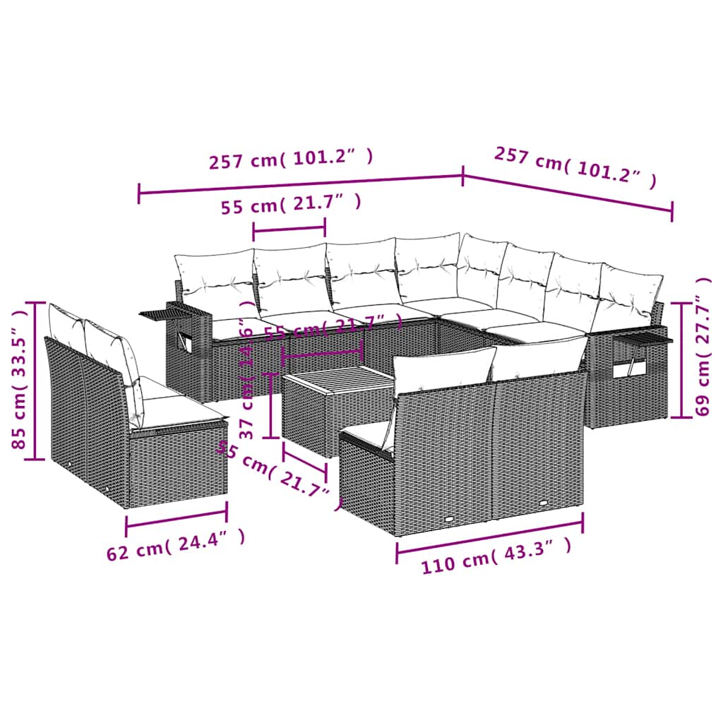 vidaXL 12-teiliges Gartensofa-Set mit Kissen, schwarzes Polyrattan
