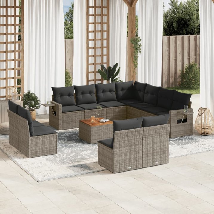 vidaXL 12-tlg. Garten-Sofagarnitur mit Kissen Schwarz Poly Rattan