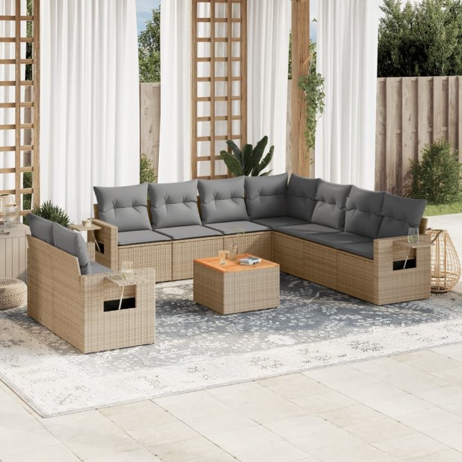 vidaXL 10-tlg. Garten-Sofagarnitur mit Kissen Schwarz Poly Rattan