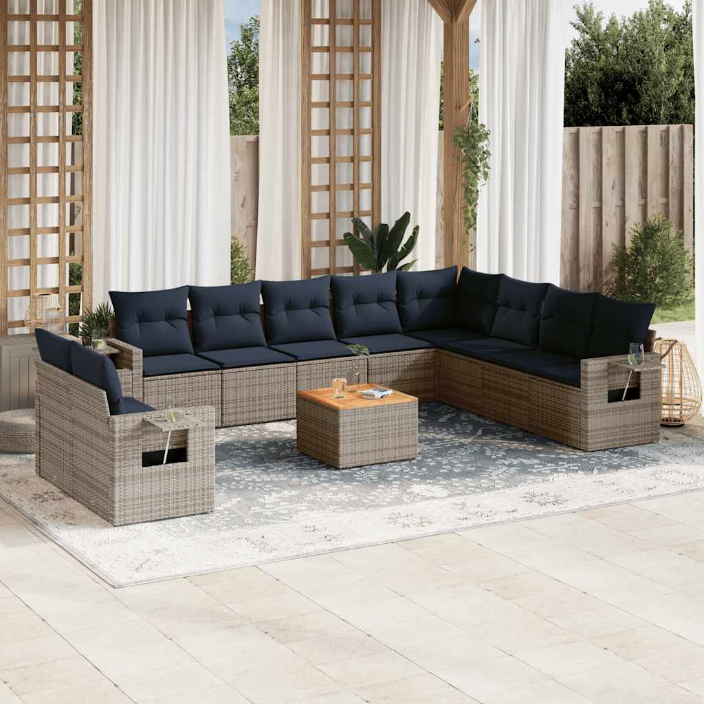 vidaXL 11-teiliges Gartensofa-Set mit Kissen, schwarzes Polyrattan