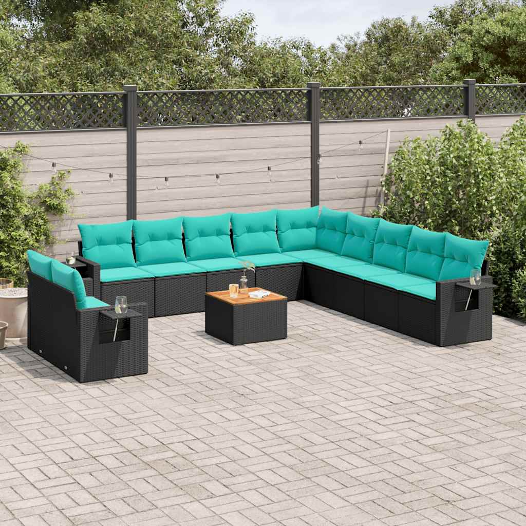 vidaXL 12-teiliges Gartensofa-Set mit Kissen, schwarzes Polyrattan