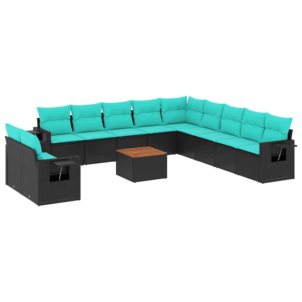vidaXL 12-teiliges Gartensofa-Set mit Kissen, schwarzes Polyrattan