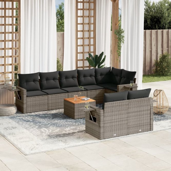 vidaXL 9-tlg. Garten-Sofagarnitur mit Kissen Schwarz Poly Rattan