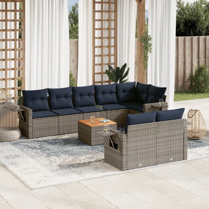 vidaXL 9-teiliges Gartensofa-Set mit Kissen, schwarzes Polyrattan