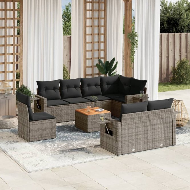 vidaXL 9-tlg. Garten-Sofagarnitur mit Kissen Schwarz Poly Rattan