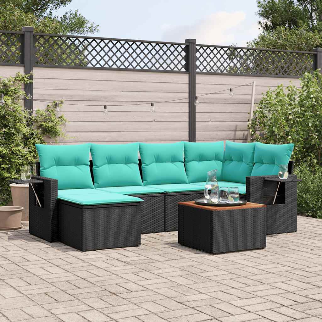 vidaXL 7-teiliges Gartensofa-Set mit Kissen, schwarzes Polyrattan