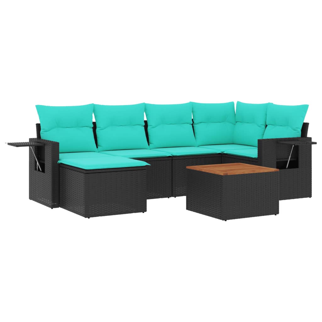 vidaXL 7-teiliges Gartensofa-Set mit Kissen, schwarzes Polyrattan