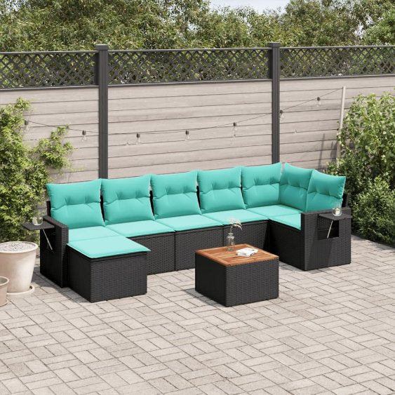 vidaXL 8-teiliges Gartensofa-Set mit Kissen, schwarzes Polyrattan