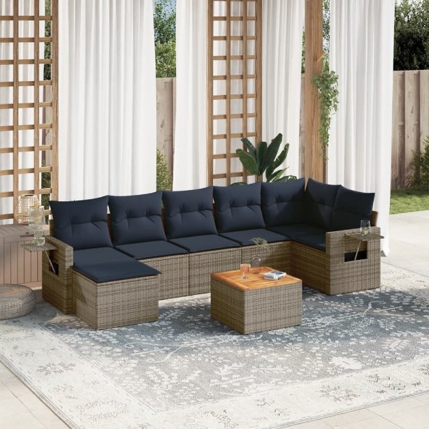 vidaXL 8-teiliges Gartensofa-Set mit Kissen, schwarzes Polyrattan