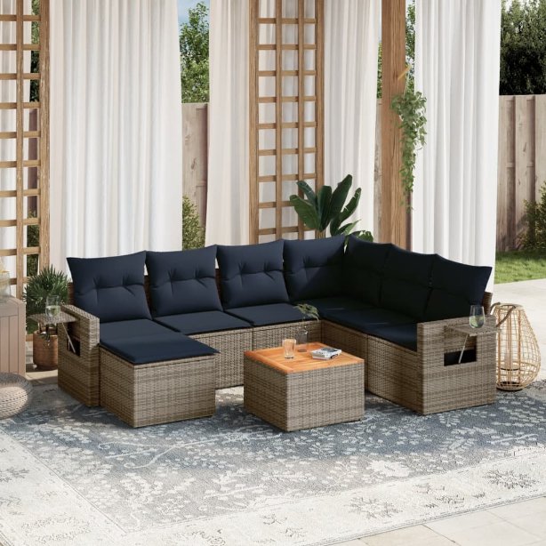 vidaXL 8-teiliges Gartensofa-Set mit Kissen, schwarzes Polyrattan